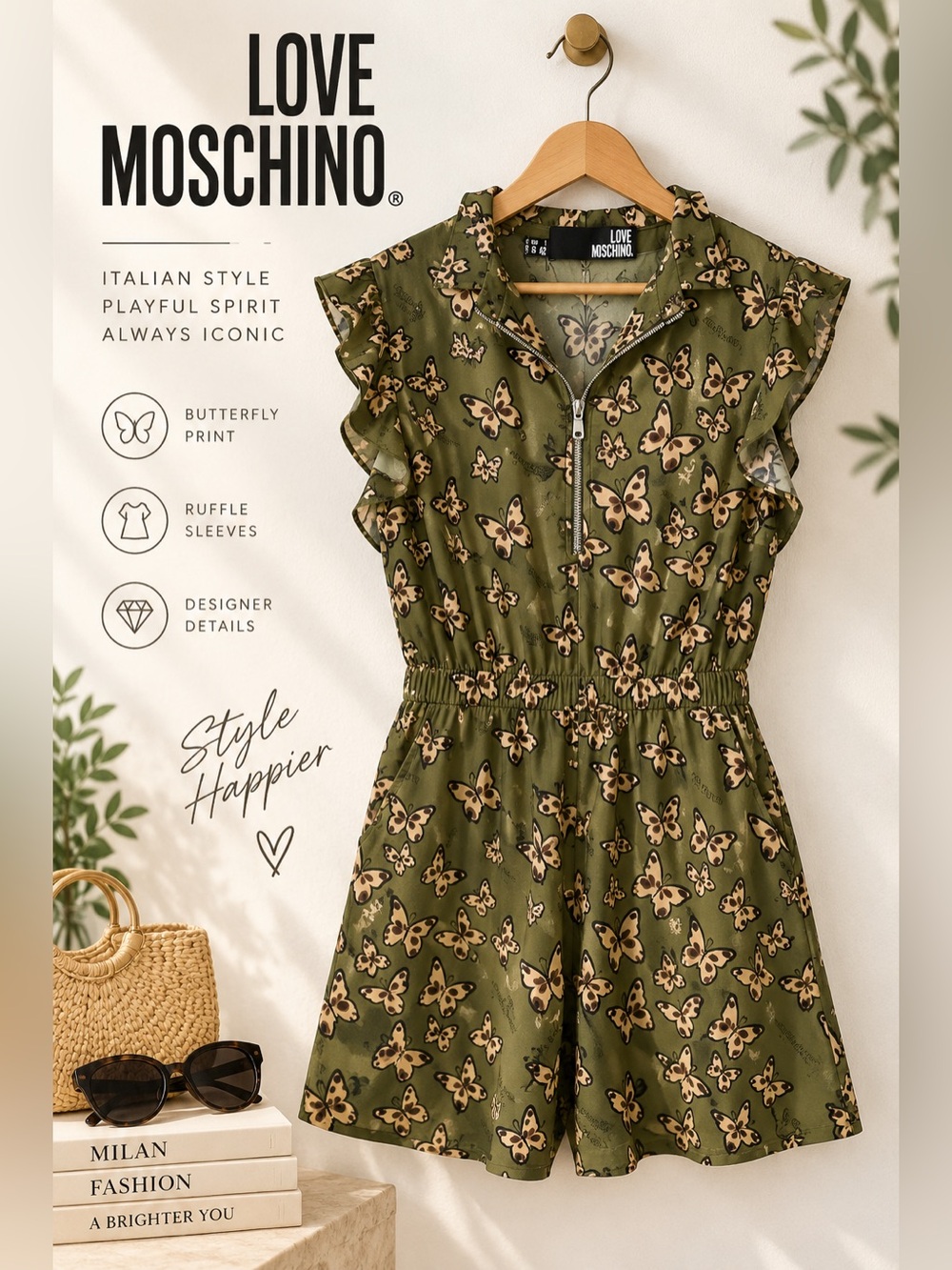 Love Moschino Butterfly Print Ruffle Dress Olive Green US 8